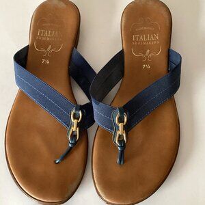 Italian Shoemakers Brown Leather & Navy Blue Fabric Thong Sandals
